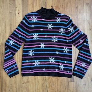 Vintage Christopher & Banks Striped Embroidered Snowflake Mock Neck Sweater